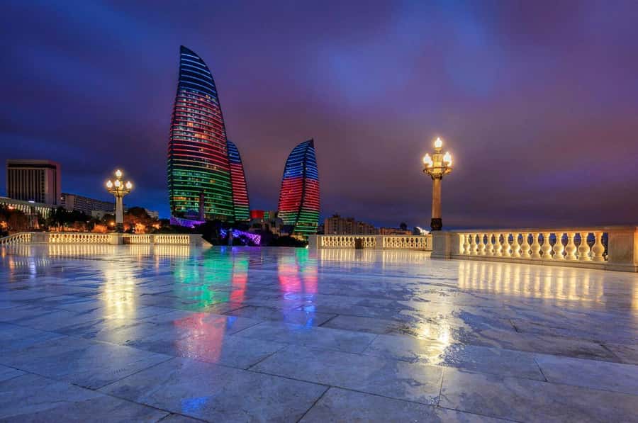 The Flame Towers lit above Baku at night